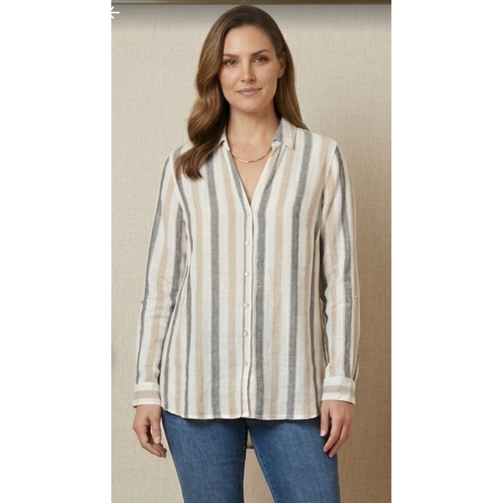 Tahari Button Down Shirt Womens Medium Tan Gray Striped Linen Blend Roll Tab Sle